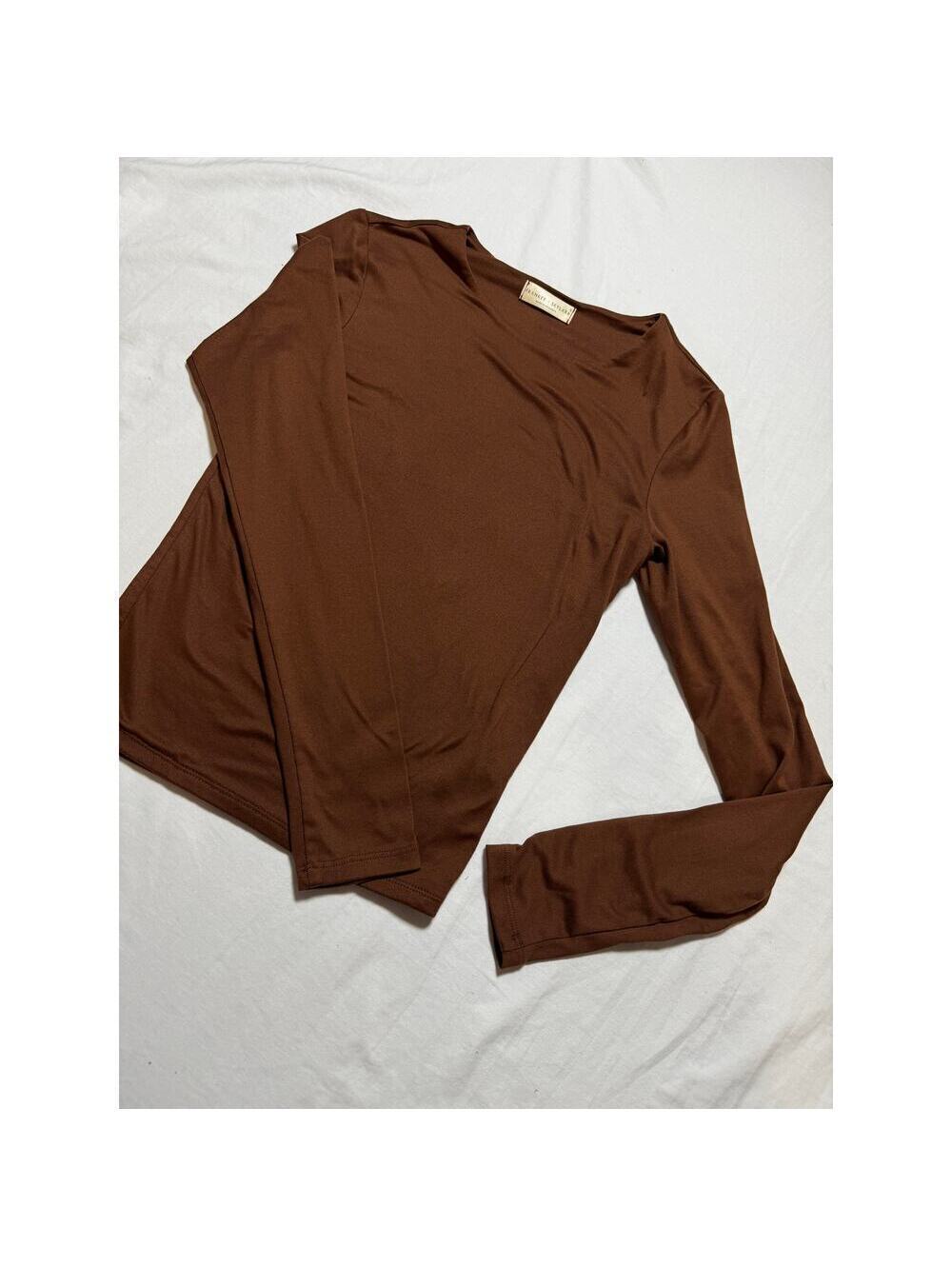 Scoop Neck Brown Stretch Layering Long Sleeve Fitted Top Womens S - Picture 3 of 6